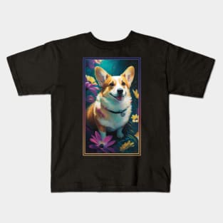 Pembroke Welsh Corgi Dog Vibrant Tropical Flower Tall Digital Oil Painting Portrait Kids T-Shirt